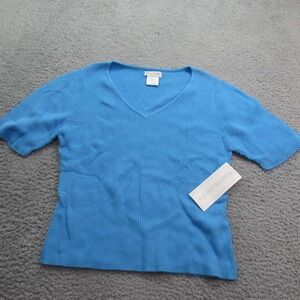 Pierre Cardin Blue Ribbed‎ Knit V-Neck Short Sleeve Top Womens Large
